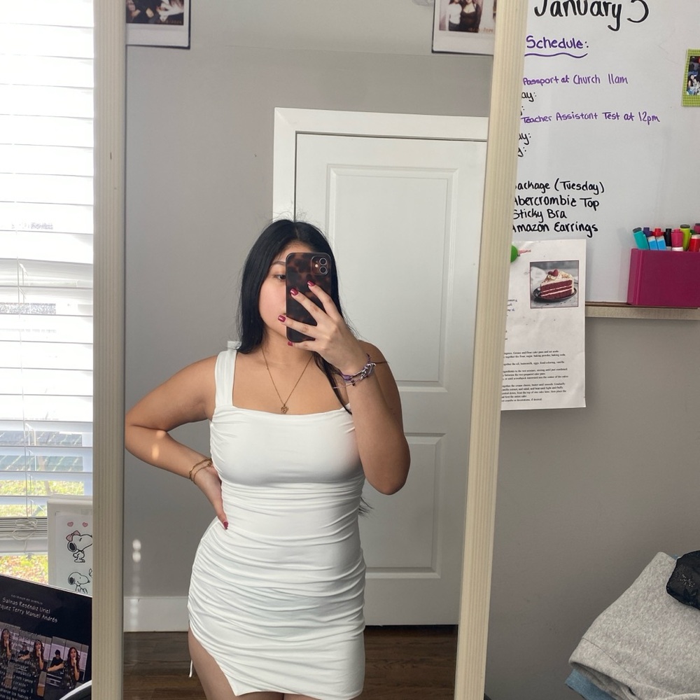 Chic White Ruched Mini Dress